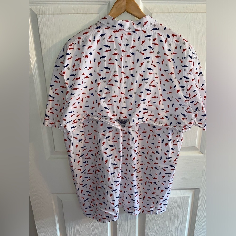 Columbia Red White and Blue Men’s Best Fishing Short Sleeve Shirt, Americana USA - Picture 6 of 8